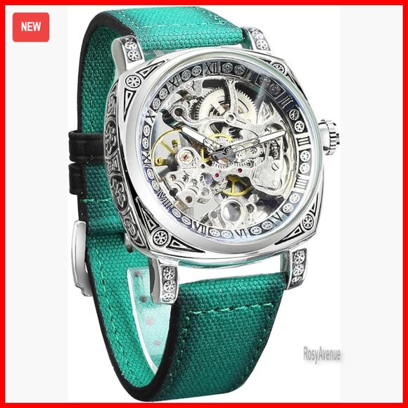 Men's Square Skeleton Automatic Watch Genuine Leather Strap Self-Wind